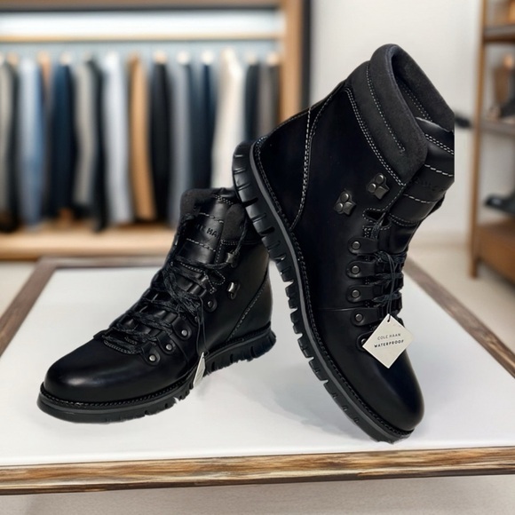 Cole Haan Men’s Size 7-1/2 M Zero Grand Hiker Black Leather Waterproof Boots New - Picture 1 of 10